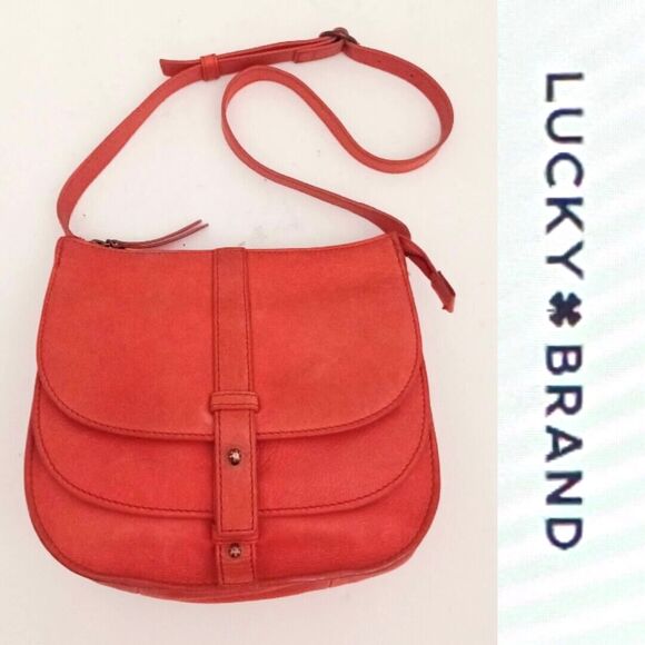 Lucky Brand Dk Orange Pebbled Leather Flap Front Shoulder Bag Adj Strap Zip Top - Picture 1 of 12